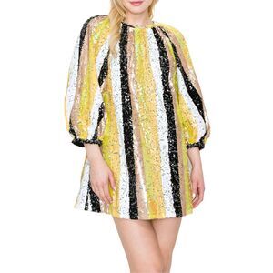 NEW Melloday Multicolor Sequin Stripe Balloon Sleeve Mini Dress Size Medium NEW!